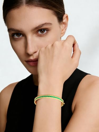 AAA Cubic Zirconia Gold Bangle Bracelet for Women | 18K Gold Plated Fully Paved With Sparkling Cubic Zirconia, Minimalist Luxury Unique Statement Jewelry, Anti-Oxidation - color: Green