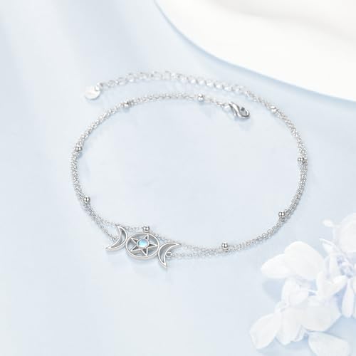925 Sterling Silver Cat Butterfly Anklets Double Layered Chain for Birthday Women Ankle Bracelet Summer Beach Dainty Jewelry - style: Moon and Star