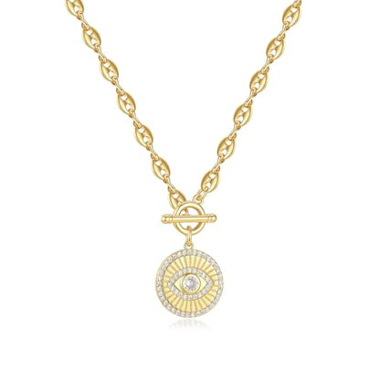 NUZON Sunburst Heart / 2-Tone Interlocking/CZ Evil Eye/Single Pearl/Love Heart Pendant Necklace for Women 14K Gold Chain Necklace Chunky Statement Jewelry - color: Evil Eye - Coffee Bean Chain