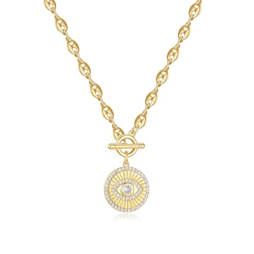 NUZON Sunburst Heart / 2-Tone Interlocking/CZ Evil Eye/Single Pearl/Love Heart Pendant Necklace for Women 14K Gold Chain Necklace Chunky Statement Jewelry - color: Evil Eye - Coffee Bean Chain
