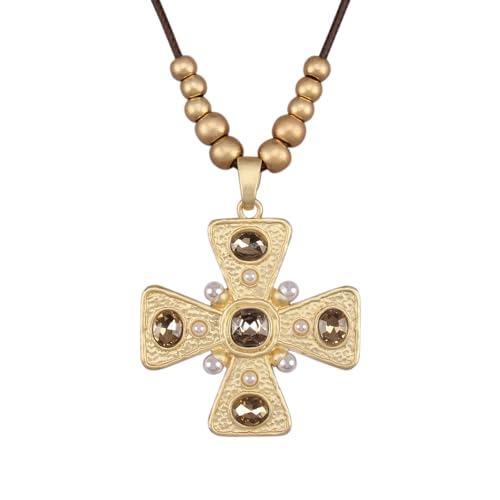 Jeilwiy Chunky Necklaces for Women Leather Cord Necklace with Pendant Boho Long Sweater Necklace Vintage Jewelry - style: Crystal Cross Pendant with Pearl