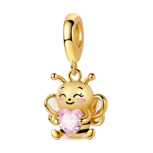 Hapour 925 Sterling Silver Charms for Bracelet Necklace Dangle Pendant Bead | Whale Shark Charm, Glow in the Dark, Matryoshka Russian Doll Baking European Jewelry Charm, 14k Gold Plated - style: Golden Honeybee Holding a Heart
