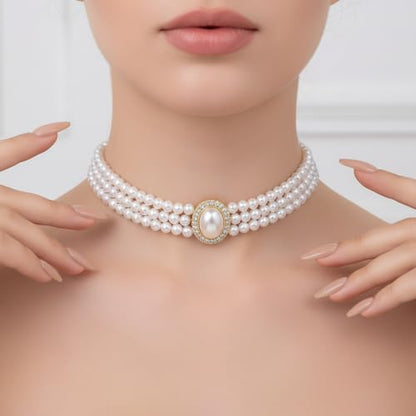 Hecila Pearl Choker Necklace for Women Boho 3 Tier Multilayer Dainty Rhinestones Pearls Chokers Layered Choker White Victorian Jewelry as Faux Pearl Vintage Chokers Necklace Birthday Christmas Gifts