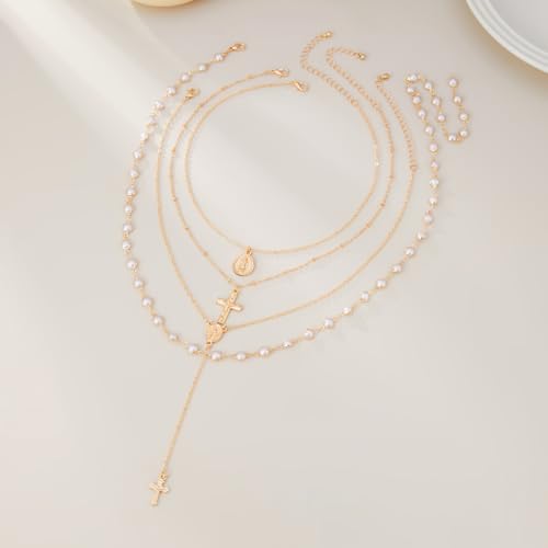 KURTCB Rhinestone Necklace for Women Boho Long Y Lariat Gold Necklace Stack Colorful Summer Beach Jewelry - color: Gold Pearl Cross