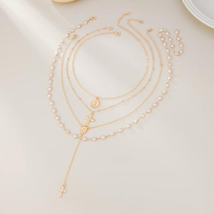 KURTCB Rhinestone Necklace for Women Boho Long Y Lariat Gold Necklace Stack Colorful Summer Beach Jewelry - color: Gold Pearl Cross