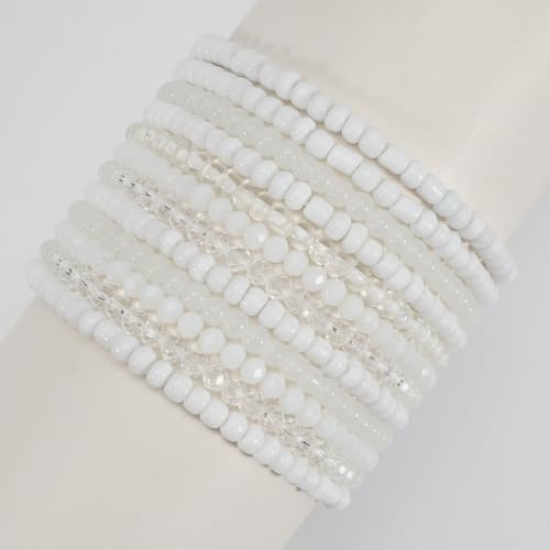 Caiyao 12Pcs Bohemia Multilayer Resin Seed Beaded Stackable Bracelets Colorful Crystal Glass Beads Stretch Bracelet BFF Friendship Elastic Wristbands for Women Men Summer Beach Boho Vacation Jewelry - color: White