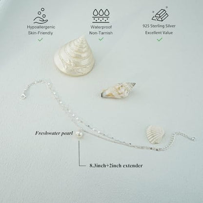 Bheop Ankle Bracelets for Women 14K Gold Silver Plated Waterproof Anklets | Evil Eye Pearl Heart Conch Shell Charm, Boho Adjustable Foot Chain, Dainty Summer Beach Jewelry Gifts, Non Tarnish - color: SL-Lips/Pearl