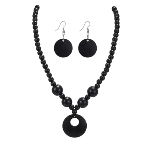 Soyzvteo Boho Wooden Beaded Necklace Earring Set Chunky Statement Costume Jewelry Retro Ethnic Accessories for Women - color: Black