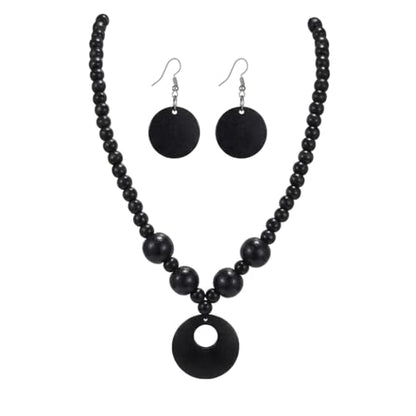 Soyzvteo Boho Wooden Beaded Necklace Earring Set Chunky Statement Costume Jewelry Retro Ethnic Accessories for Women - color: Black