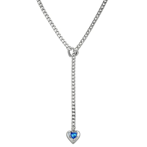 Heart Layer Pendant Necklace for Women, Adjustable Slip Chain with Colorful Gemstone & Heart Clasp - color: Blue