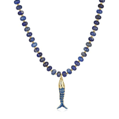 SAMYA Gemstone Beaded Necklace for Women, Natural Stone Ocean Jewelry | Fish or Seashell Pendant Beach Necklace, Gold Spacer Accents, Reinforced Stainless Steel Clasp, Adjustable 16"+2" - color: Lapis Lazuli