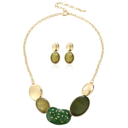 Vintage Statement Jewelry Set - Chunky Flower Floral Plant Geometric Resin Bib Necklace Earring Set Bohemian Boho Crystal Rhinestone Fashion Jewelry for Women Bridal Party Prom Unique Gift - style: MLJS2608-Green