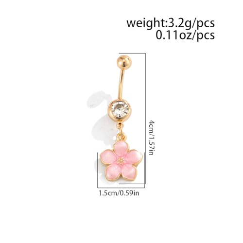 Flower Belly Button Ring for Women 14K Gold Plated Cubic Zirconia Navel Piercing Jewelry Stainless Steel CZ Crystal Charm Belly Ring Hypoallergenic Belly Bar for Women - color: Pnk