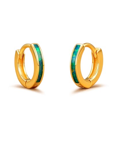 Dainty Opal Huggie Earrings, 14K Gold Plated Cartilage Earrings Jewelry Gift for Women Teen Girls with Quote Card and Velvet Gift Pouch - style: Huggie Earring - Garden Green Opal