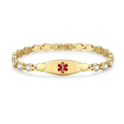 LinnaLove Fashion Shiny medical alert bracelet with Free Engraving Stainless steel Medical id bracelet for Women - color: Crystal heart-Gold