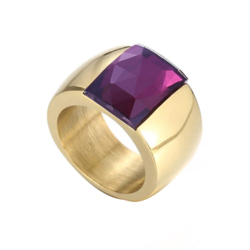 OIDIMS Stunning Large Statement Glass Crystal Rhinestone Band Cocktail Ring Cubic Zirconia Stainless Steel Thick Chunky for Women Men18k Gold Plated Friend Graduation Gift Evening Party - color: Purple, size: 6