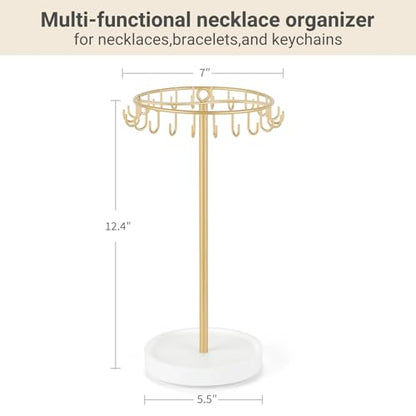 Mkono Rotating Necklace Holder, Gold Jewelry Display Rack Organizer Stand | 360° Rotation Tree Tower, 22 Hooks Hanging, Storage for Bracelets Keychains, Home Bedroom Dressing Table Decor,Women Gifts