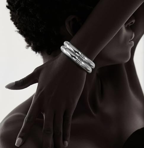 Gold Chunky Bangles Bracelets For Women 14k Gold Plated Stack Layered Curved Bamboo Tube Stretch Bracelets Gift Jewelry - color: 2pcs Silver