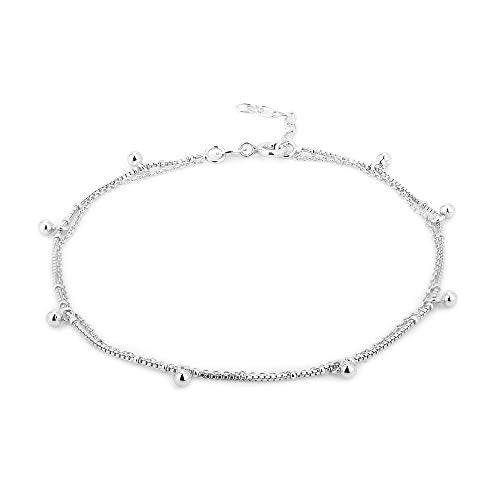 Vanbelle Sterling Silver Jewelry - Rhodium Plated 925 Stamp - Double Layered & Hanging Beaded Chain Anklet - Stylish Beautifully Designed for Women - 9" Long + 1" Extender