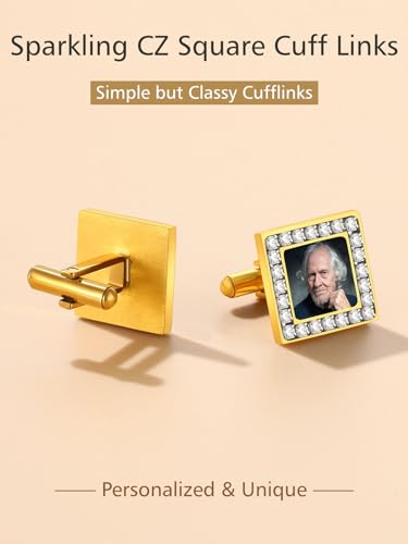FindChic Stainless Steel Round Cufflinks with Custom Text/Picture/Monogram Letters 18K Gold Plated/Black Color for Men Groom Suits Shirts, with Gift Box - style: 02. CZ custom photo-square (gold plated)