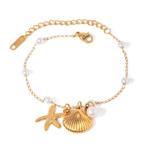 Dainty Shell Starfish Bracelet Anklet Charm Pearl Beads Seashell Gold-Tone Plated Stainless Steel Boho Anklet Foot Jewelry for Women Fashion boho Summer Beach Accessories Eternity Gift Valentine's Day
