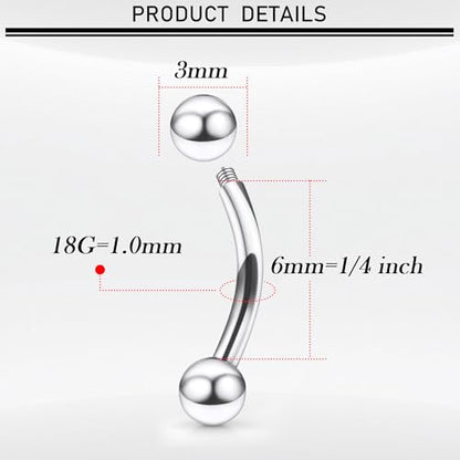 18G-00G Eyebrow Rings Internally Threaded Snake Eyes Piercing Jewelry Tongue Surgical Steel Curved Barbell Vertical Lip Labret Rook Daith Earrings Piercing Jewelry for Women Men 6mm-19mm - color: silver, size: 18G(1.0mm)-6mm barbells-3mm Balls