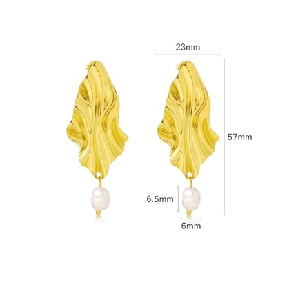 Large Geometric Drop Dangle Earrings for Women Pearl Teardrop Disc Rectangle Oval Fishtail Shell Shaped Textured Dangle Studs Earrings for Women - color: Gold-Pearl