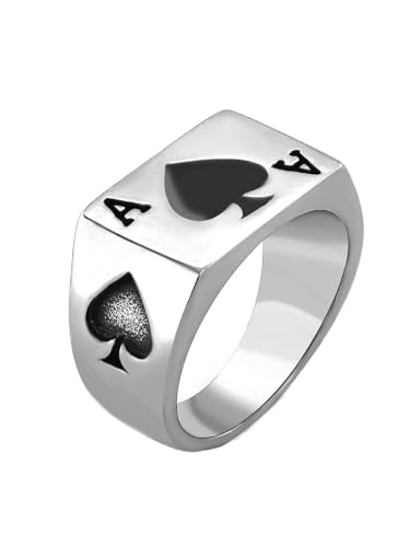 JAJAFOOK Mens Womens Stainless Steel Ring Poker Spade Ace Silver Black Sizes 6-14 - color: Spade Ace Silver Black, size: 7