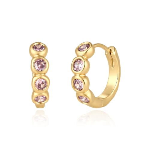 ARSIS Bubble Huggie Hoop Earrings for Women with Cubic Zirconia, Platinum/18K Gold Plated Bezel Hoop Earrings with Opal, Hypoallergenic Lightweight Jewelry, Clear/Ruby/Emerald Green/Aqua/Sapphire/Pink - color: Pink