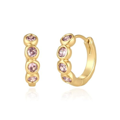 ARSIS Bubble Huggie Hoop Earrings for Women with Cubic Zirconia, Platinum/18K Gold Plated Bezel Hoop Earrings with Opal, Hypoallergenic Lightweight Jewelry, Clear/Ruby/Emerald Green/Aqua/Sapphire/Pink - color: Pink