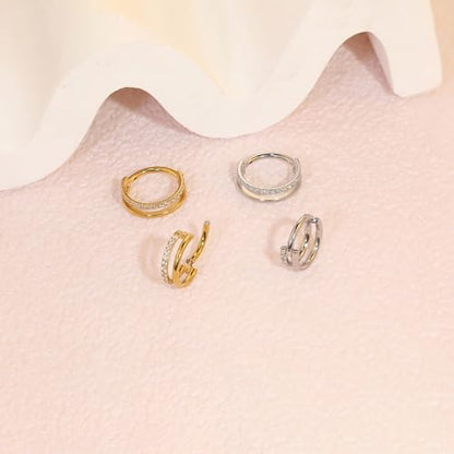 Cartilage Helix Conch Piercing Jewelry Gold Hoop Women Earrings | 2pcs, Huggie, Made of Stainless Steel, 14k Gold Plated, Hypoallergenic, Sparkly Cubic Zircon, Double Hoop design - color: Zircon Gold, size: 18g-8mm
