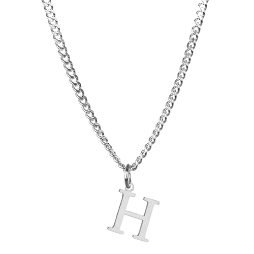 Men’s Minimal Initial Necklace, Stainless Steel Gold Silver Tone 26 Letters Pendant Necklace for Men Women 3.5mm Cuban Chain Waterproof - style: H