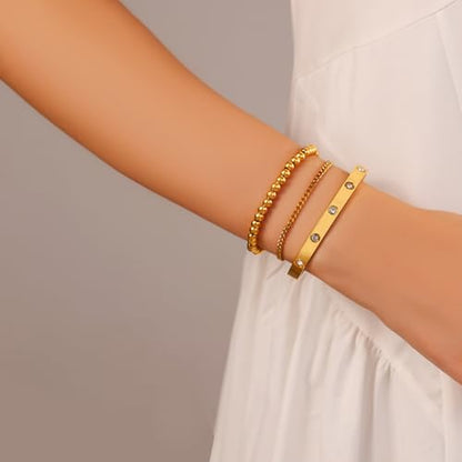 18K Gold Plated Bangle Bracelet Set for women,Cubic Zirconia Classic Stainless Steel Adjustable Gold Tennis Love Bracelets Stack for women and men - color: Beads Bracelet Set