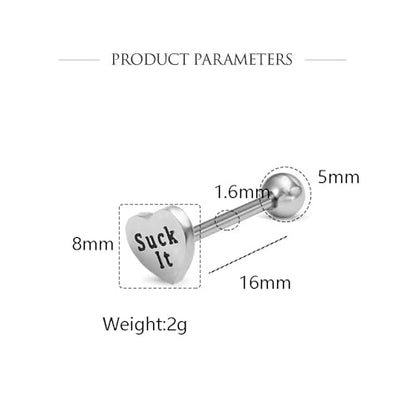 14G Heart Tongue Rings for Women Men Stainless Steel Letter Suck It Naughty Words Love Heart Straight Barbells Tongue Rings Piercing Jewelry