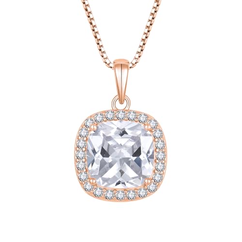 Birthstone Necklace for Women 925 Sterling Silver Princess Cut Halo Necklace Pendant Jewelry for Mom Wife - color: Rose Gold