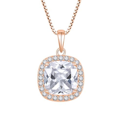 Birthstone Necklace for Women 925 Sterling Silver Princess Cut Halo Necklace Pendant Jewelry for Mom Wife - color: Rose Gold