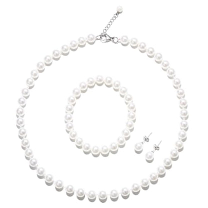 White 8mm Faux Hand Knotted Glass Imitation Pearls Necklace Earring Jewelry 3 Set for Women and Girls - style: 18inches