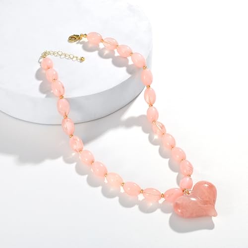 Chunky Beaded Necklaces for Women Trendy Colorful Acrylic Bead Statement Necklace Puffy Heart Pendent Necklaces for Women Boho Fashion Jewelry - color: D-light pink