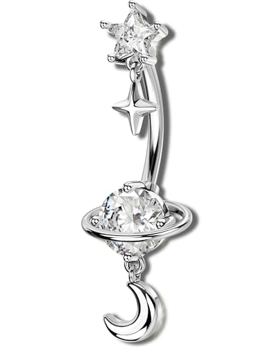 OUFER 14G Star Moon Planet Silver Gold Dangle Belly Button Rings 316L Surgical Stainless Steel CZ Belly Piercing Jewelry 10mm Navel Rings for Women - color: Silver