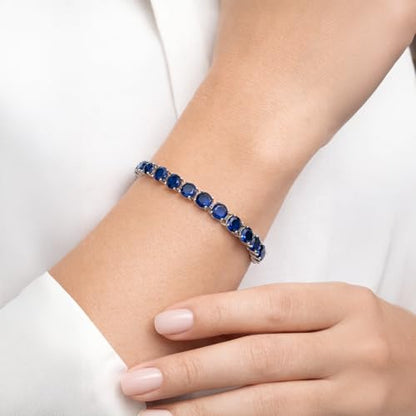 KEZEF Tennis Bracelet for Women, 7mm Round CZ, Silver Plated Brass, 6.5–8 Inch, Fold-Over Clasp - color: Simulated Blue Sapphire, size: 7 Inch
