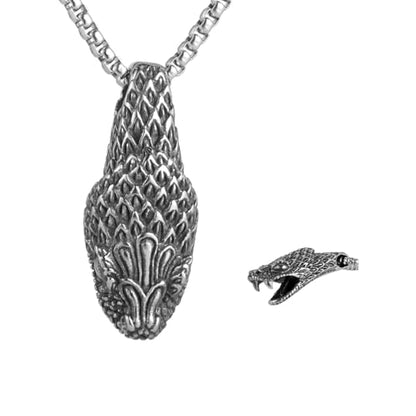 Men's Gothic Punk Hip Hop Rock Animal Snake head Pendant Necklace, 316L Stainless Steel Material, Silver Stainless Steel Square Pearl Chain, Retro Jewelry Gift