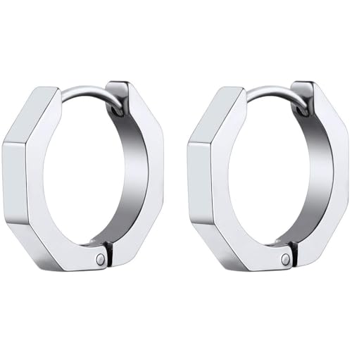 ChainsHouse Stud Earrings for Men Women,316L Stainless Steel/14K Gold/Black Plated Metal, Punk Hypoallergenic Surgical Huggie Hoop Earrings Mens Jewelry Piercing Hoop Earrings - style: E: Silver-Octagon(1 Pair)