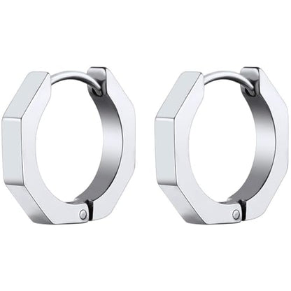 ChainsHouse Stud Earrings for Men Women,316L Stainless Steel/14K Gold/Black Plated Metal, Punk Hypoallergenic Surgical Huggie Hoop Earrings Mens Jewelry Piercing Hoop Earrings - style: E: Silver-Octagon(1 Pair)