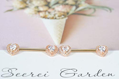 HQLA 14G Dainty CZ Love Heart Nipple Rings Tongue Ring Surgical Steel Nipple rings Piercing Women Barbells 2Pcs 25/8"(16mm) - style: Rose Gold