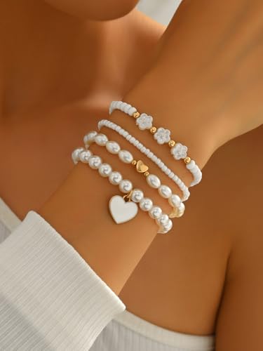 Pearl Bracelets for Women Simulated Pearl Beaded Bracelet White Pearls Stackable Stretch Bracelet Set Multilayered Elastic Pearls Bracelets for Women Bridesmaid Bridal Jewelry - color: white heart