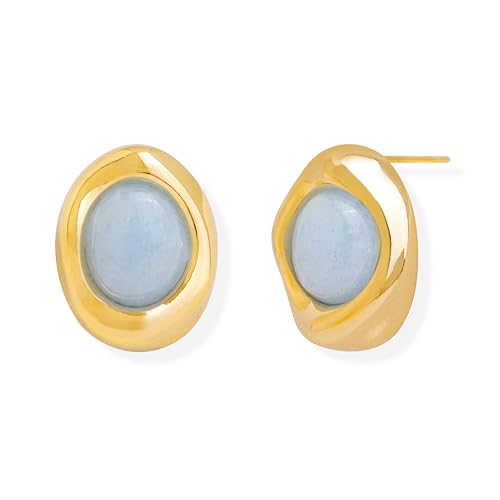 Jean Beau Chunky Gold Stone Stud Earrings for Women, Trendy Natural Gemstone Hypoallergenic Earing Valentine Jewelry Gift - color: Milky Aquamarine