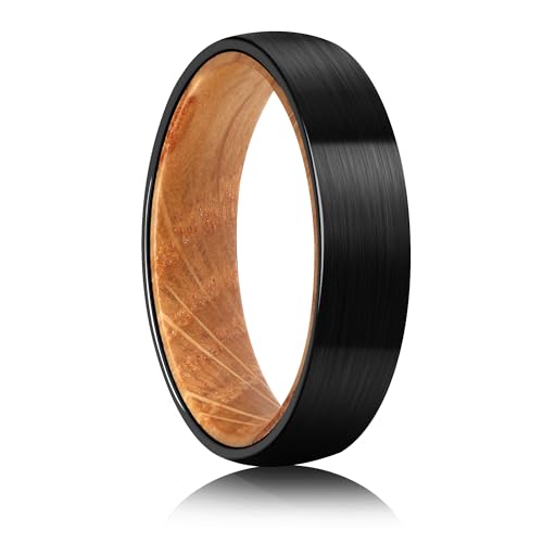 Tungsten Rings for Men Womens 8mm Black Silver Fashion Promise Wedding Band Carbide Inner Hole Inlaid Whiskey Barrel Wood Chamfer Frosted Matte Finish Edge Comfort Fit size 7-12 - color: black-6mm barrel wood
