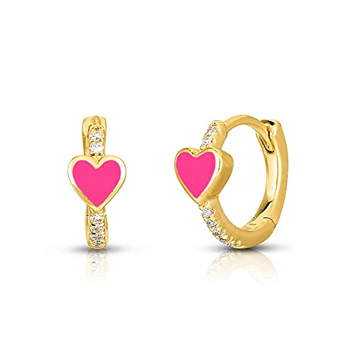 Enamel Heart Huggie Hoop Earrings with Cubic Zirconia Silver Small Hinged Hoops for Women - color: Heart Red Enamel