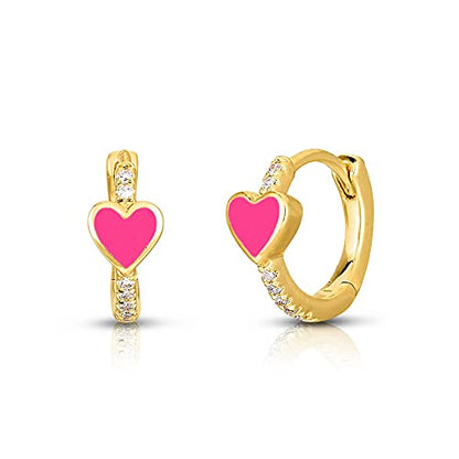 Enamel Heart Huggie Hoop Earrings with Cubic Zirconia Silver Small Hinged Hoops for Women - color: Heart Red Enamel