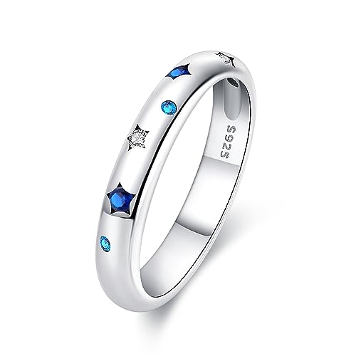 KUNSIR 925 Silver Cubic Zirconia Ring Size 7-9 Wedding Band Sterling Silver Eternity Ring Modern Style - style: Blue and Silver Stars Ring